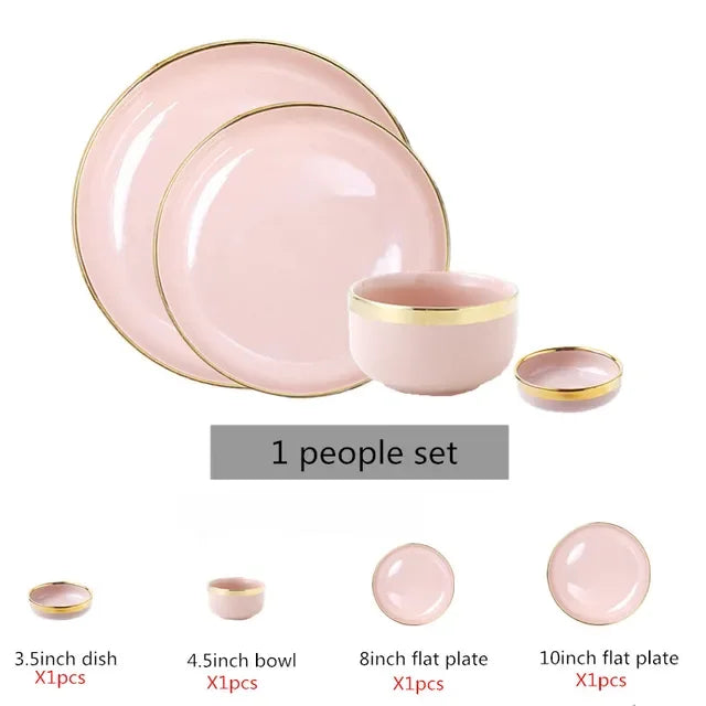 Bright White And Pink With Gold Porcelain Plates Kitchen Dinner Plate Set Ceramics Food Dishes Salad Noodles Bowl